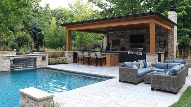 Outdoor pool area with a covered outdoor kitchen and seating.