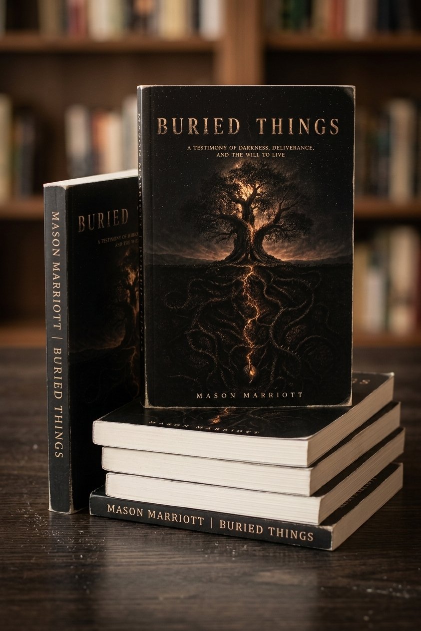 stack of buried things books on table in reading room