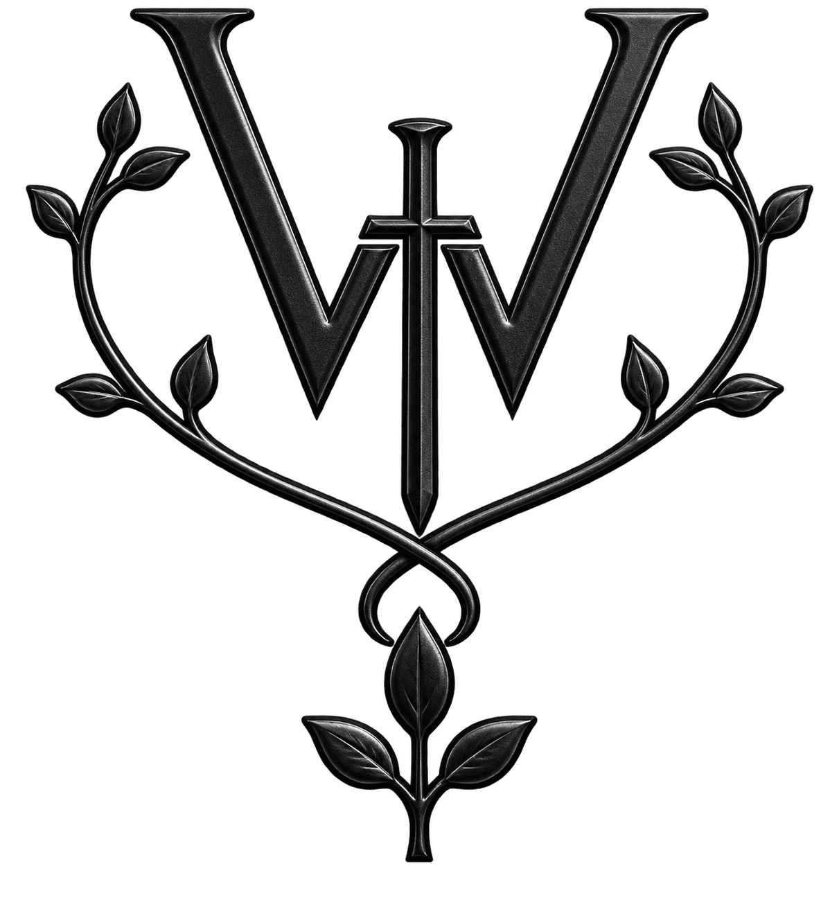A black metallic emblem with the letter 'W' and a sword in the center, surrounded by a heart-shaped vine with leaves.