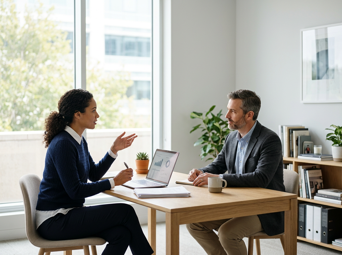 A woman and a man having a business meeting in an office, sitting across from each other at a table, with a laptop, notes, and a coffee mug on the table, and a window with trees outside in the background.