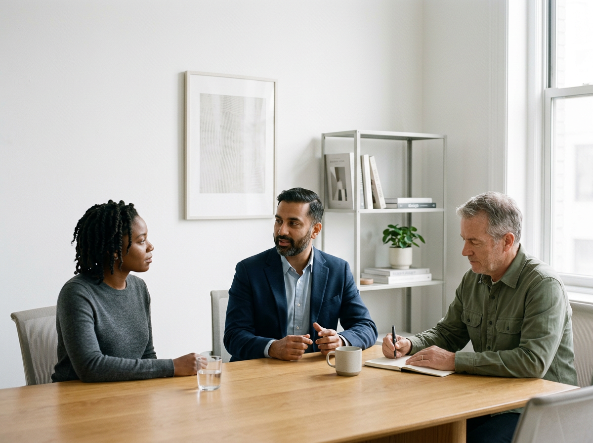 Three people having a discussion at a wooden table in a well-lit room with white walls, a bookshelf, and a window.