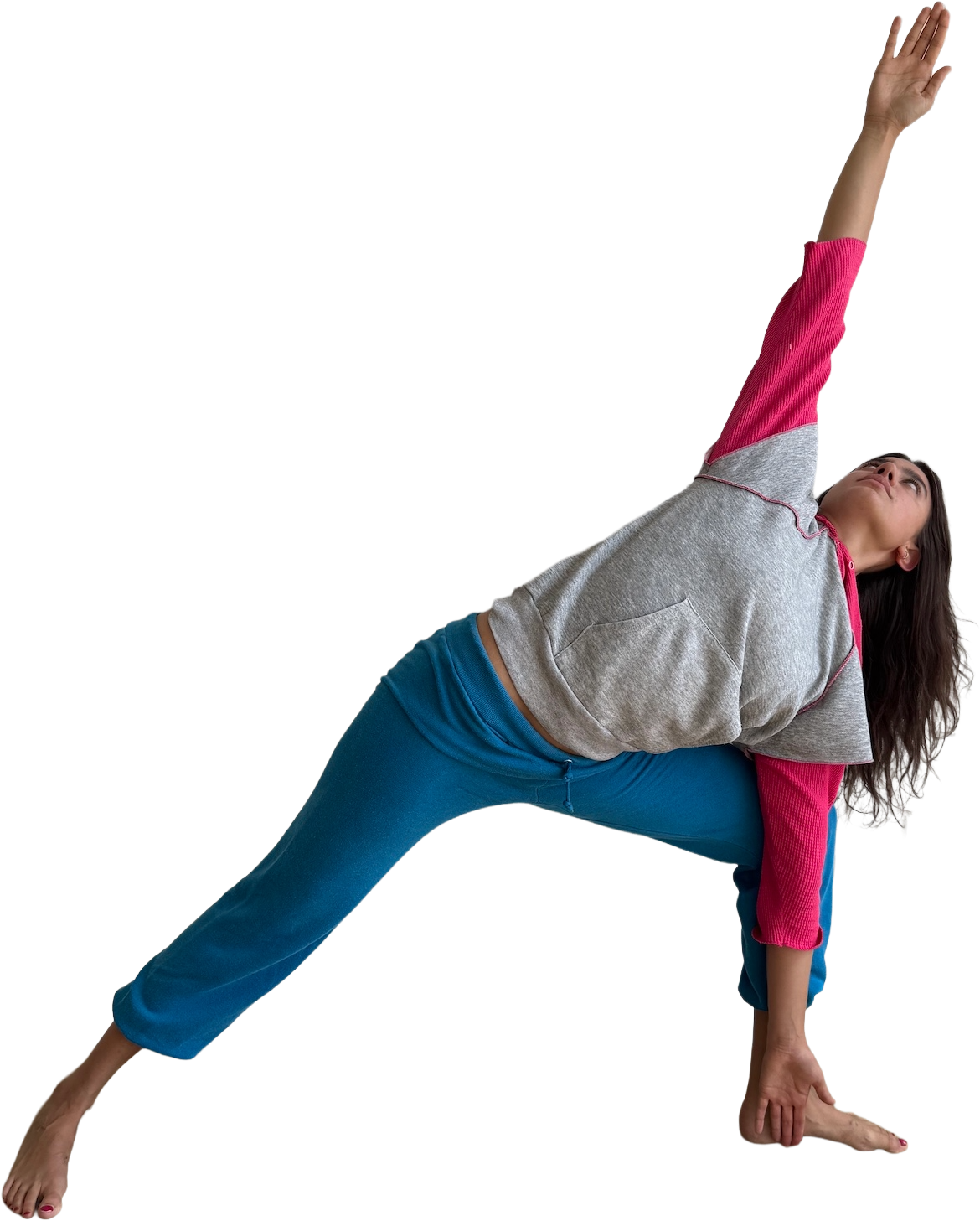 A woman doing a side stretch yoga pose, balancing on one hand and foot with the other arm extended upwards.