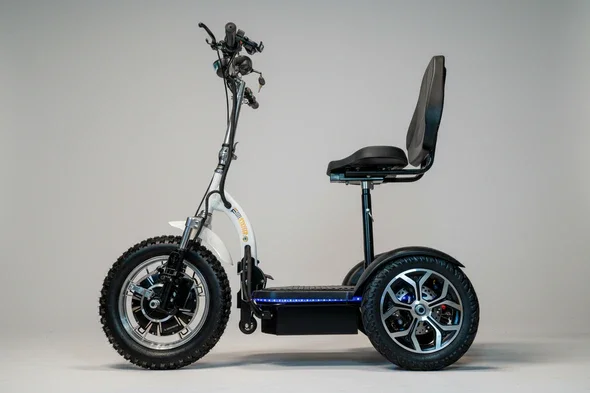 A two-wheeled electric scooter with handlebars, a seat, and a backrest, designed for riding.