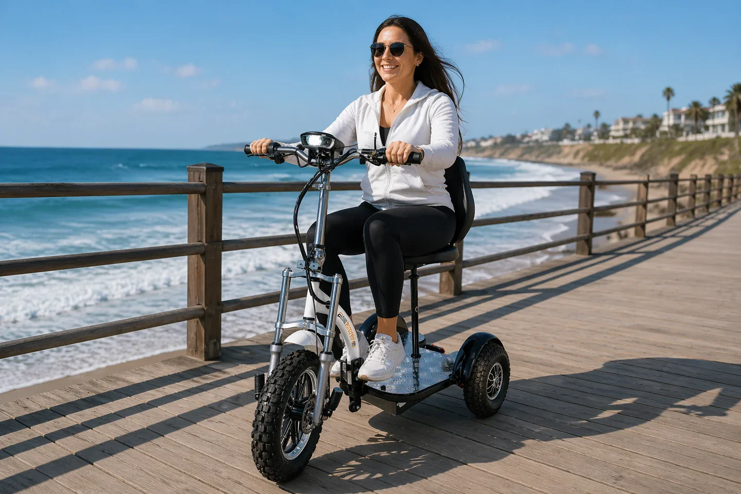 Woman riding a mini electric bike along a boardwalk by the ocean.