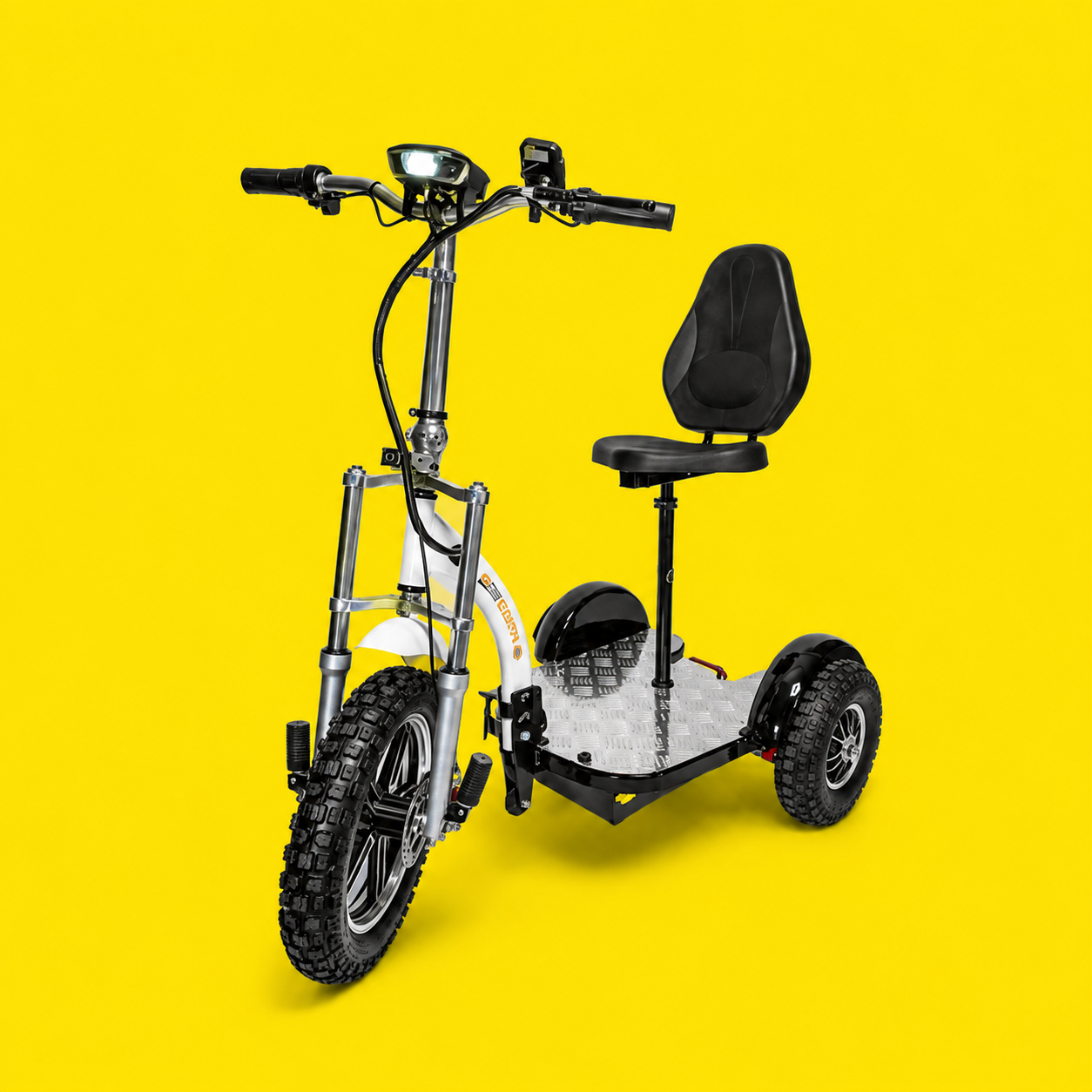 Electric off-road mobility scooter on a vibrant yellow background.