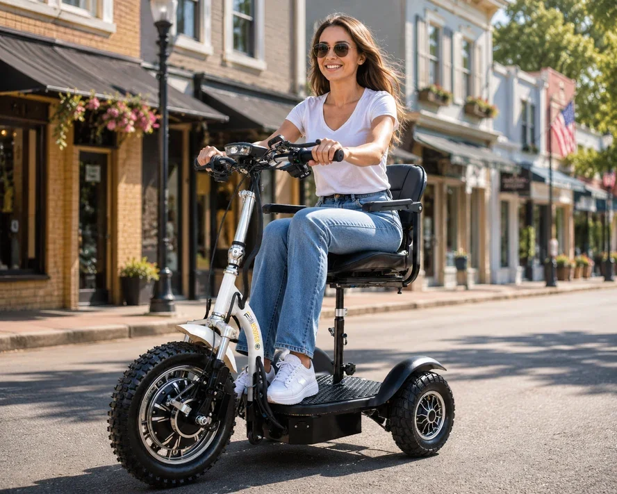 Woman riding an electric scooter along a street with storefronts and American flags.