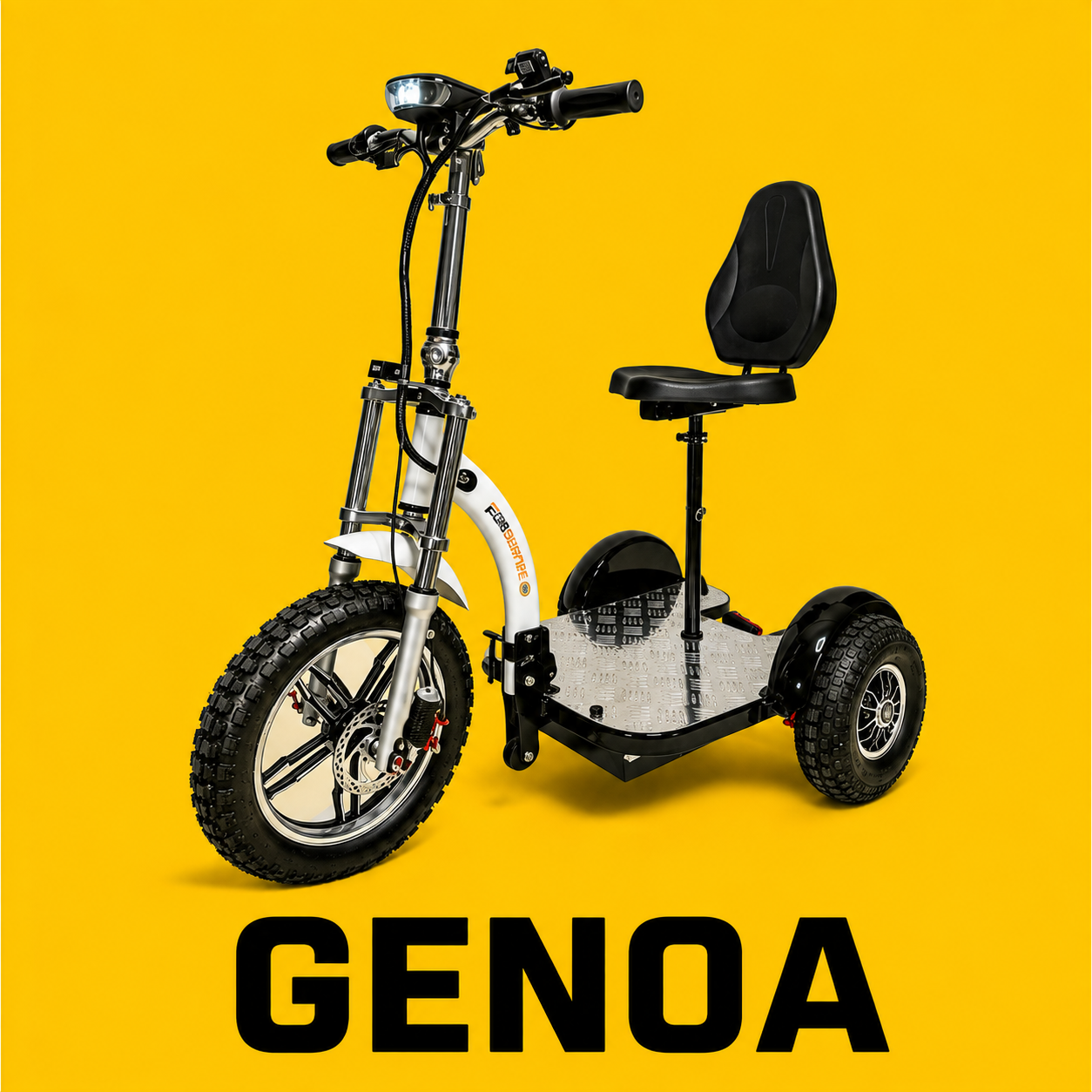 Electric tricycle with a black seat and large black tires against a yellow background, with the word 'GENOA' written in black at the bottom.
