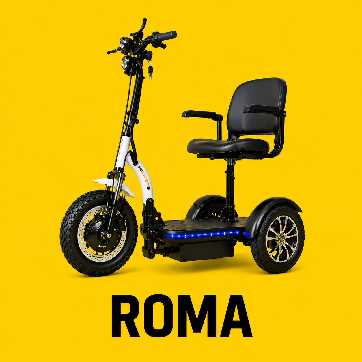 An electric mobility scooter with a black seat and handlebars, set against a yellow background, with the word 'ROMA' in bold black letters.