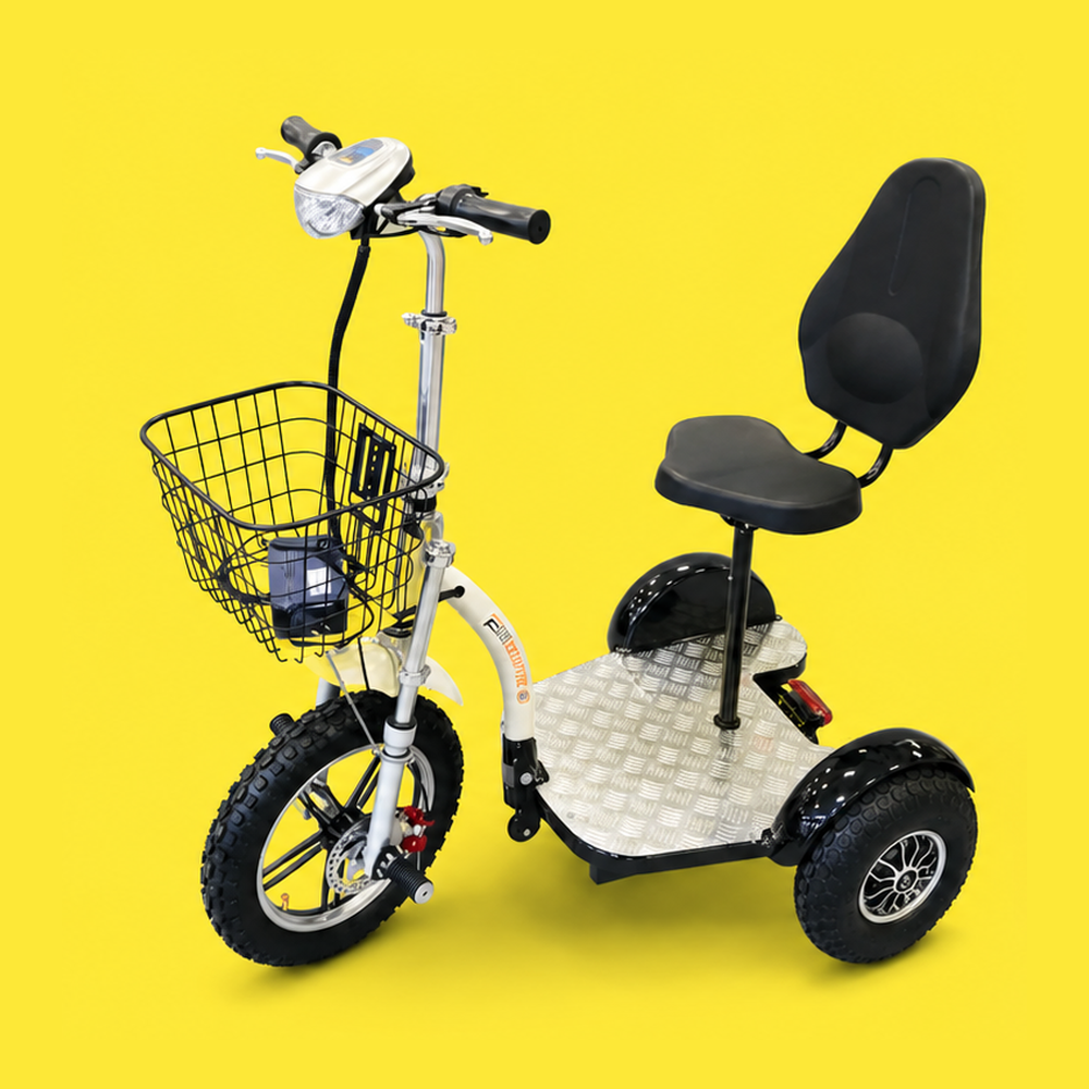A three-wheeled electric scooter with a seat, a front basket, and a yellow background.