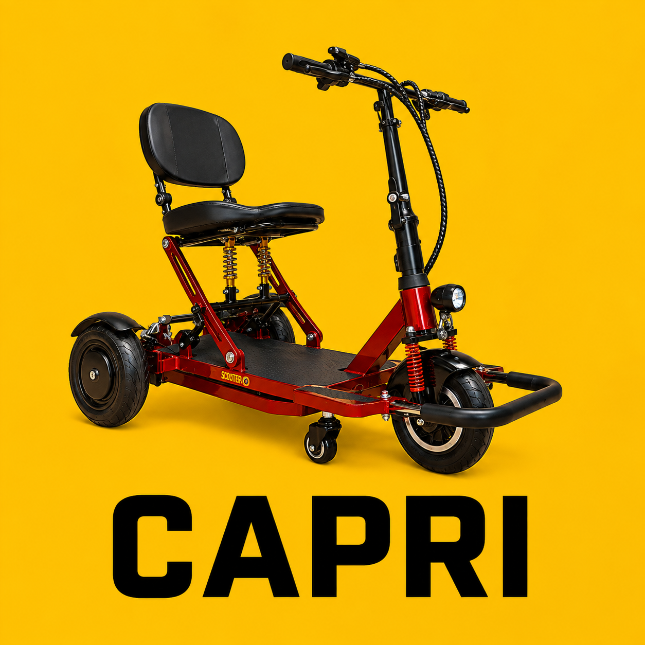 Red electric scooter with black seat and yellow background, with the word 'CAPRI' written below.