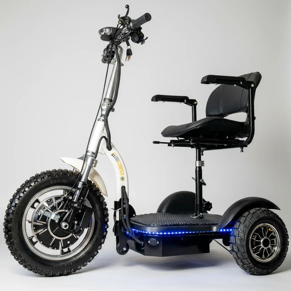 Electric scooter with large off-road tires, black seat, handlebar controls, and LED lights on the foot platform, set against a plain white background.