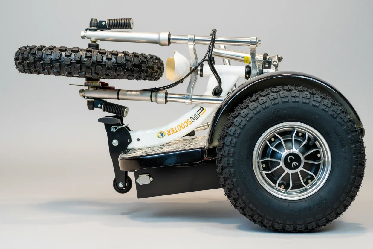 An electric wheelchair with a large rear wheel and a smaller front wheel, showing mechanical parts and a footrest.