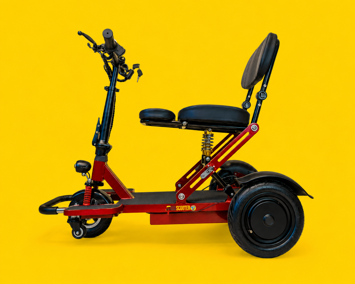 Red and black electric scooter with a saddle seat and backrest, set against a yellow background.