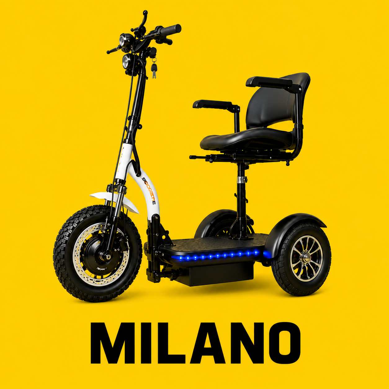 Electric mobility scooter with thick tires, a black seat, and a yellow background with the word "Milano" in bold black letters.