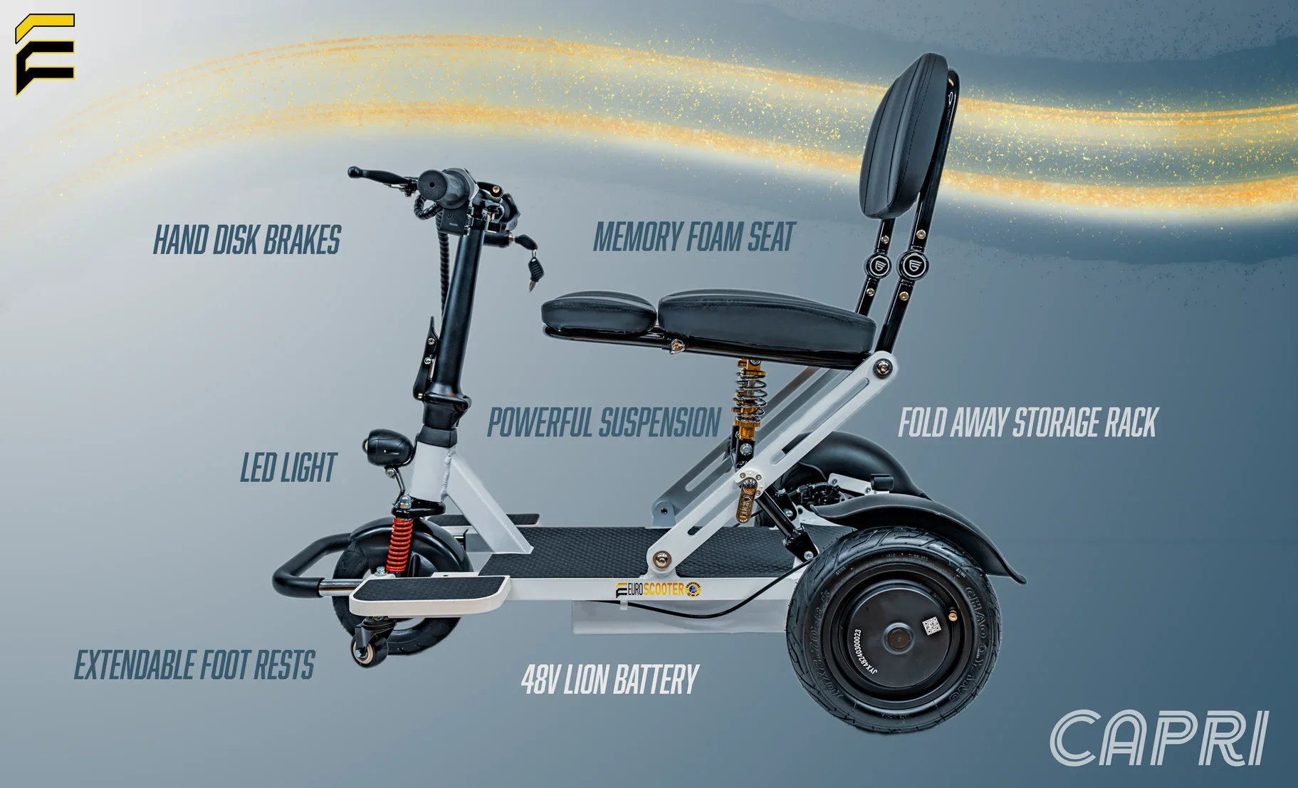 An electric scooter with various features labeled, including hand disc brakes, memory foam seat, LED light, powerful suspension, fold-away storage rack, extendable foot rests, 48V Lion battery, and the Euro scooter logo.