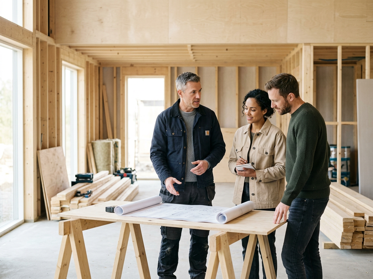 Three people discussing blueprints at a construction site inside a wooden framing house.
