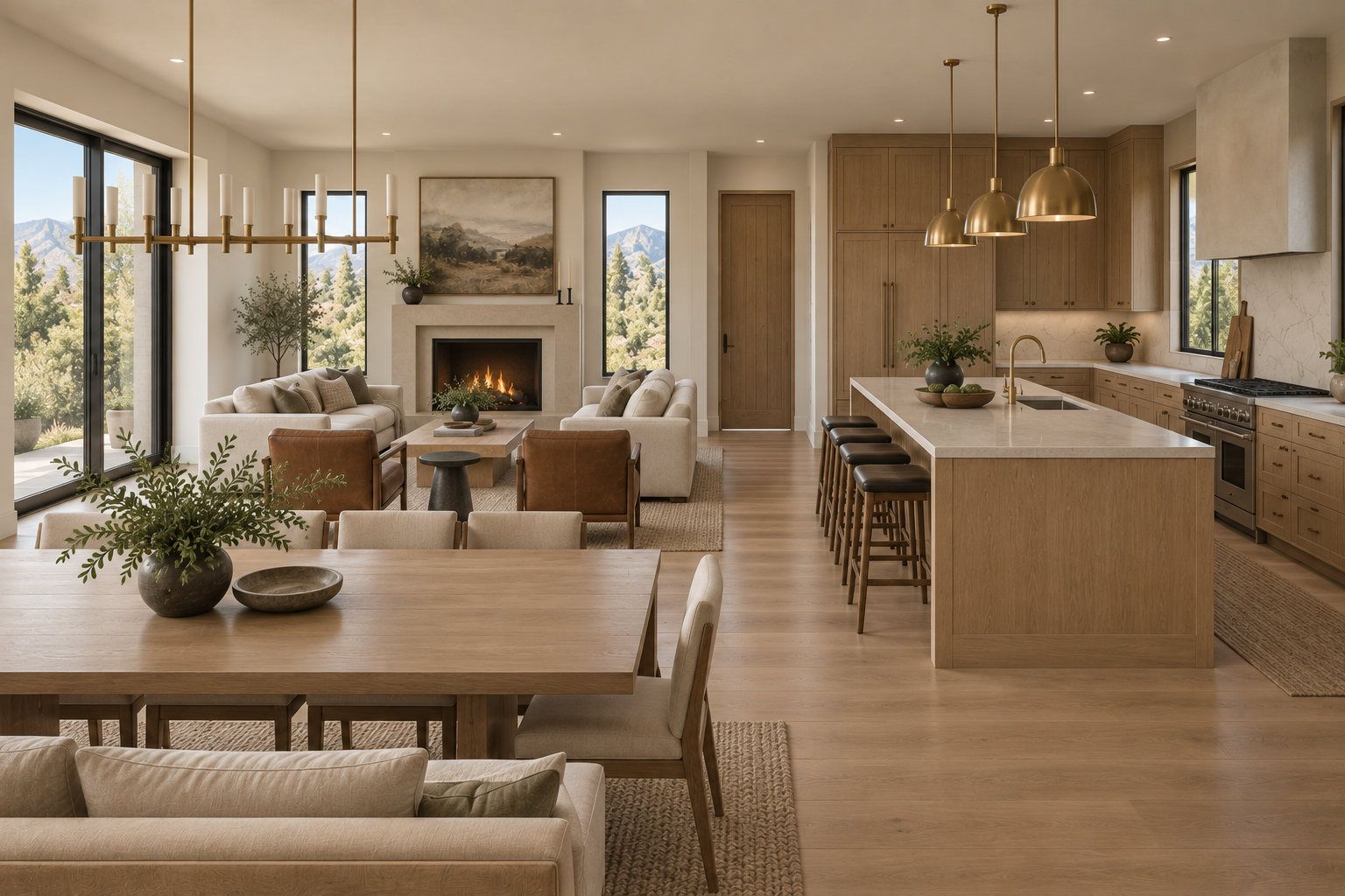 Open concept living room and kitchen with wooden cabinetry, a large island with bar stools, a fireplace, and mountain views outside.