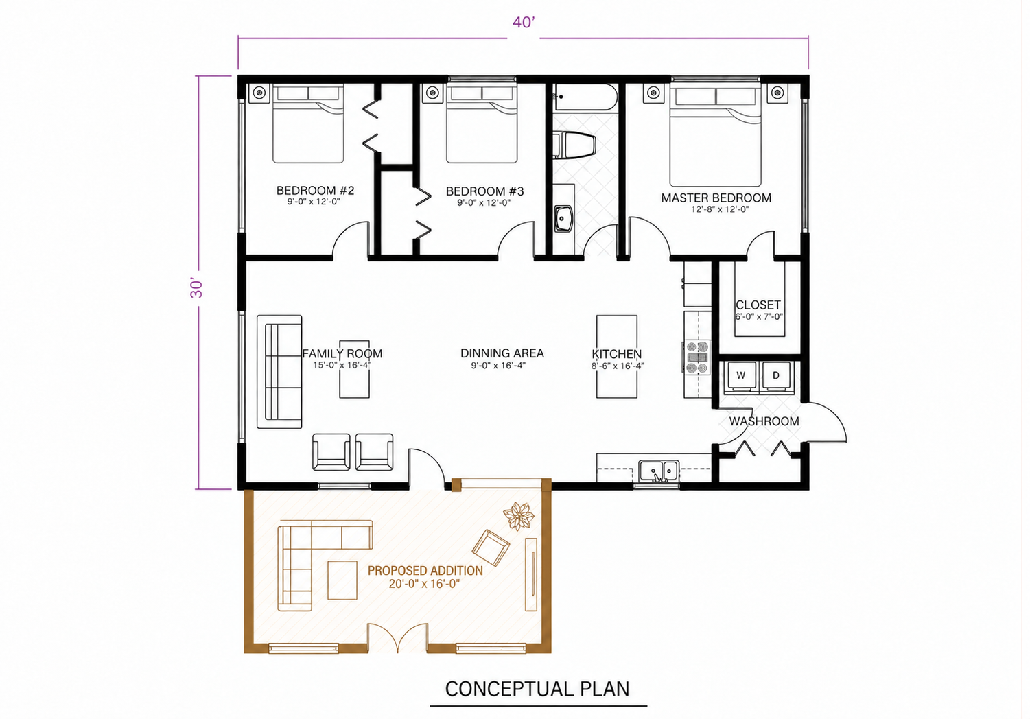 Floor plan of a house showing three bedrooms, a family room, dining area, kitchen, bathroom, washroom, closet, and a proposed addition outside.