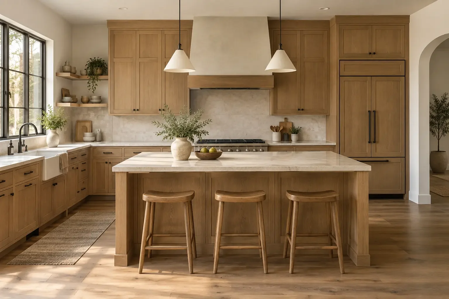 Kitchen design concept with light oak cabinets, a stone island, three stools and natural light.