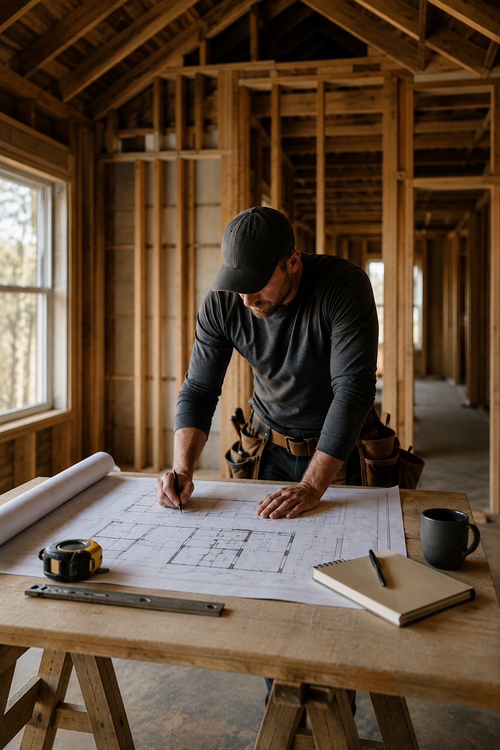A man in a black cap and dark shirt planning a building layout on large blueprints in a wooden frame house under construction.