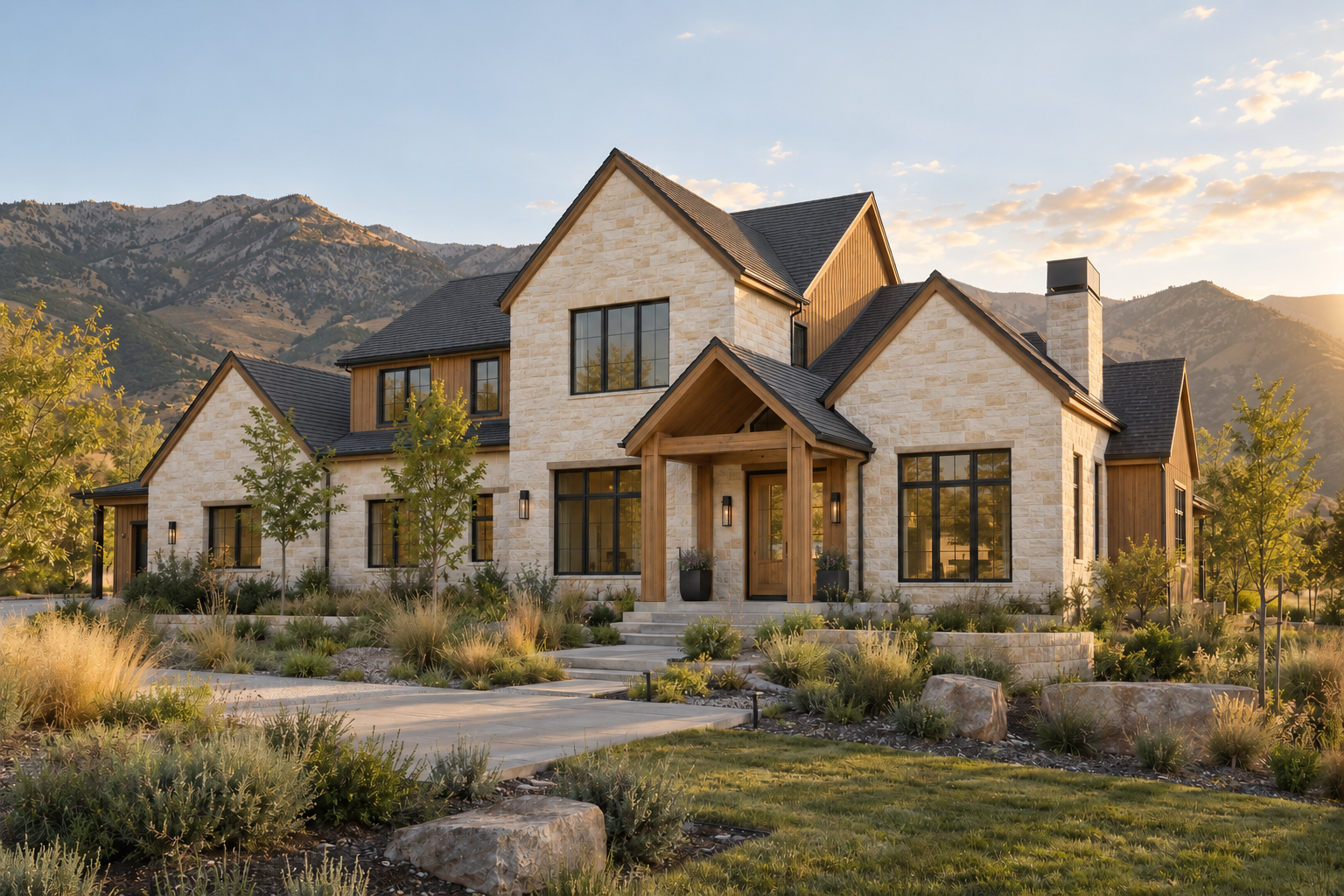 A modern two-story house with stone and wood siding, large black-framed windows, and a covered front entrance, set in a landscaped yard with mountains in the background and warm sunset lighting.