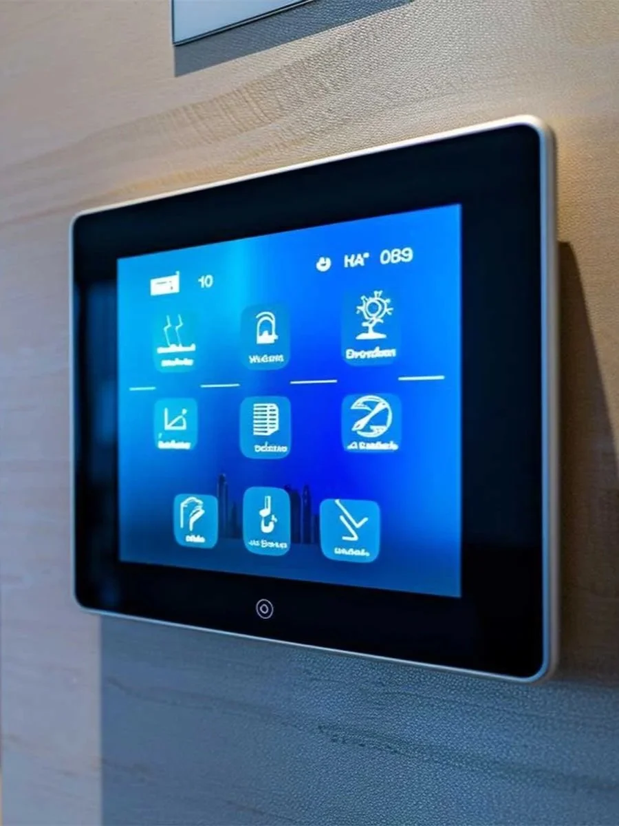 Touchscreen control panel with various icons and options, mounted on a wall.