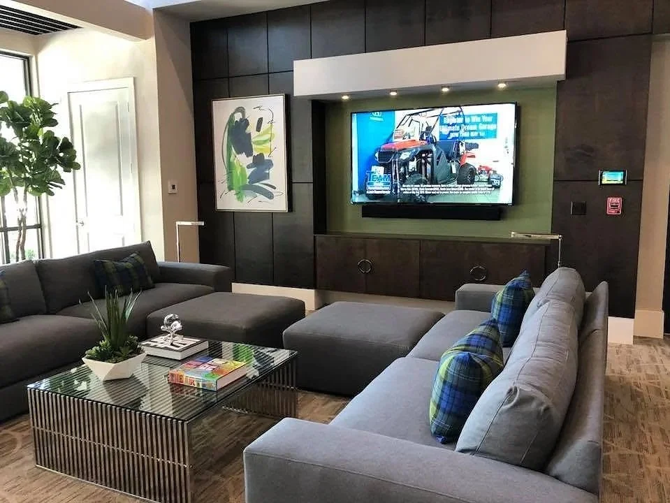 Modern living room with gray sofas, a glass coffee table with books and a plant, a large flat-screen TV on a dark wood accent wall, a colorful abstract painting, a tall indoor plant, and large windows with natural light.