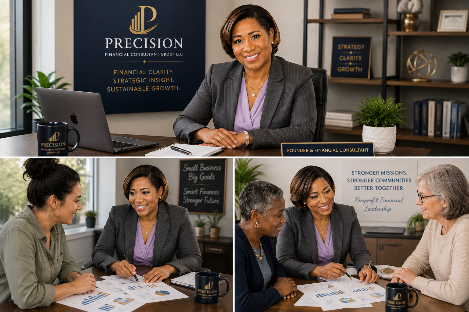 A woman in a business suit sitting at a desk with a laptop and office decor, smiling at the camera. In the background, a sign reads 'Precision Financial Consultant Group LLC. Financial clarity. Strategic insight. Sustainable growth.' The desk has a branded coffee mug, a notebook, and a pen. Two other photos show her engaging in discussions with clients, with charts and graphs on the table, and a sign that reads 'Stronger missions. Stronger communities. Better together.'