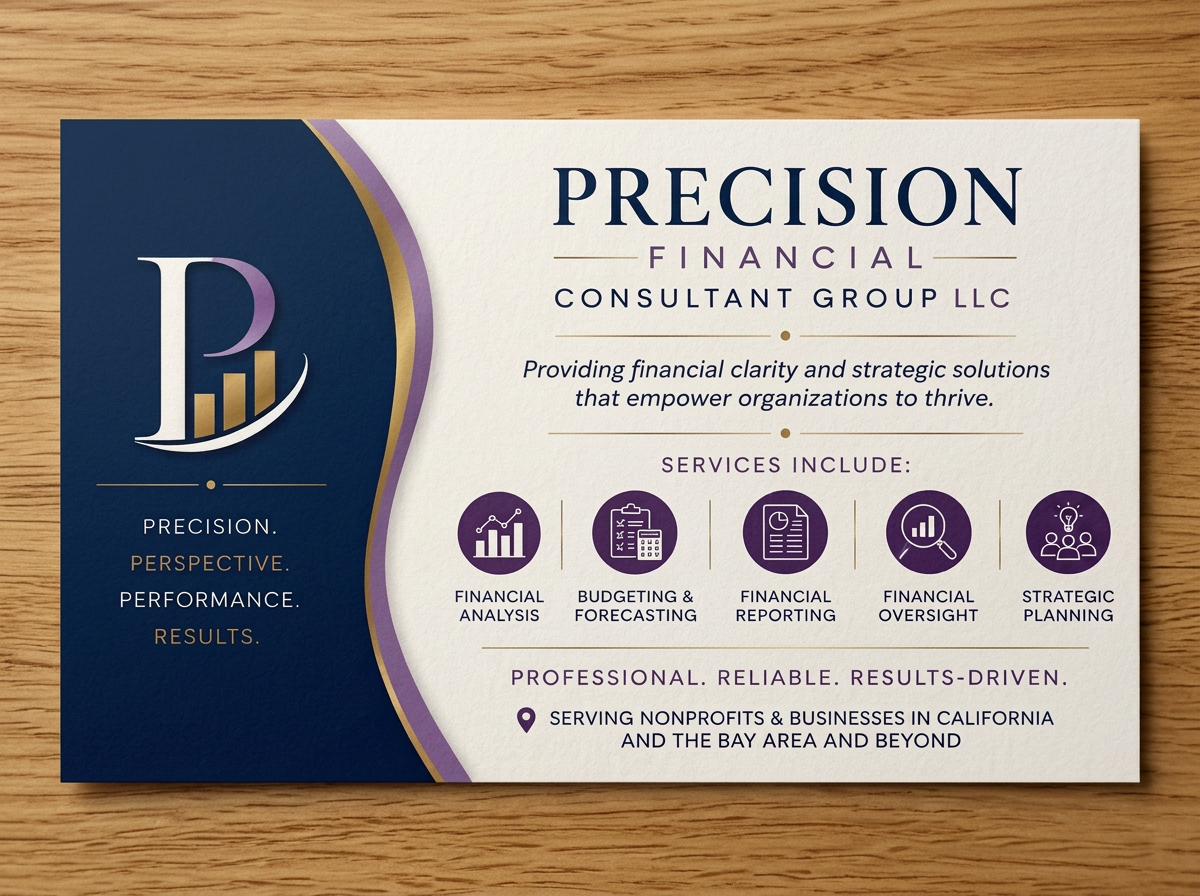 Business card for Precision Financial Consultant Group LLC, featuring services like financial analysis, budgeting, financial reporting, oversight, and strategic planning, with a navy blue and white color scheme, gold and purple accents, and a logo with a stylized letter 'P' and rising bar graph.