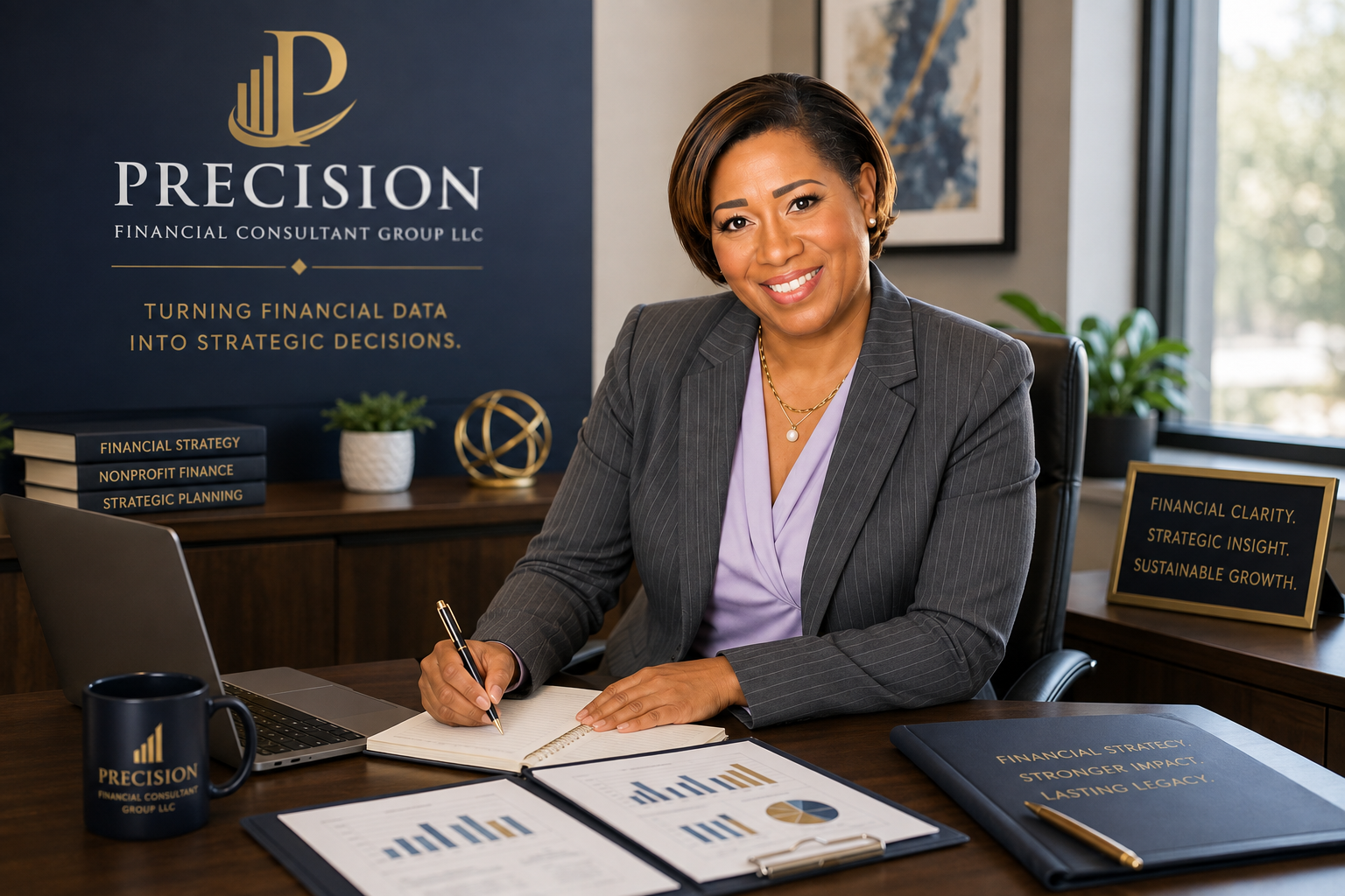 A woman in a gray pinstripe blazer sitting at a desk in a modern office, smiling while writing in a notebook, with financial charts and documents on the desk, and a background banner for Precision Financial Consultant Group LLC.