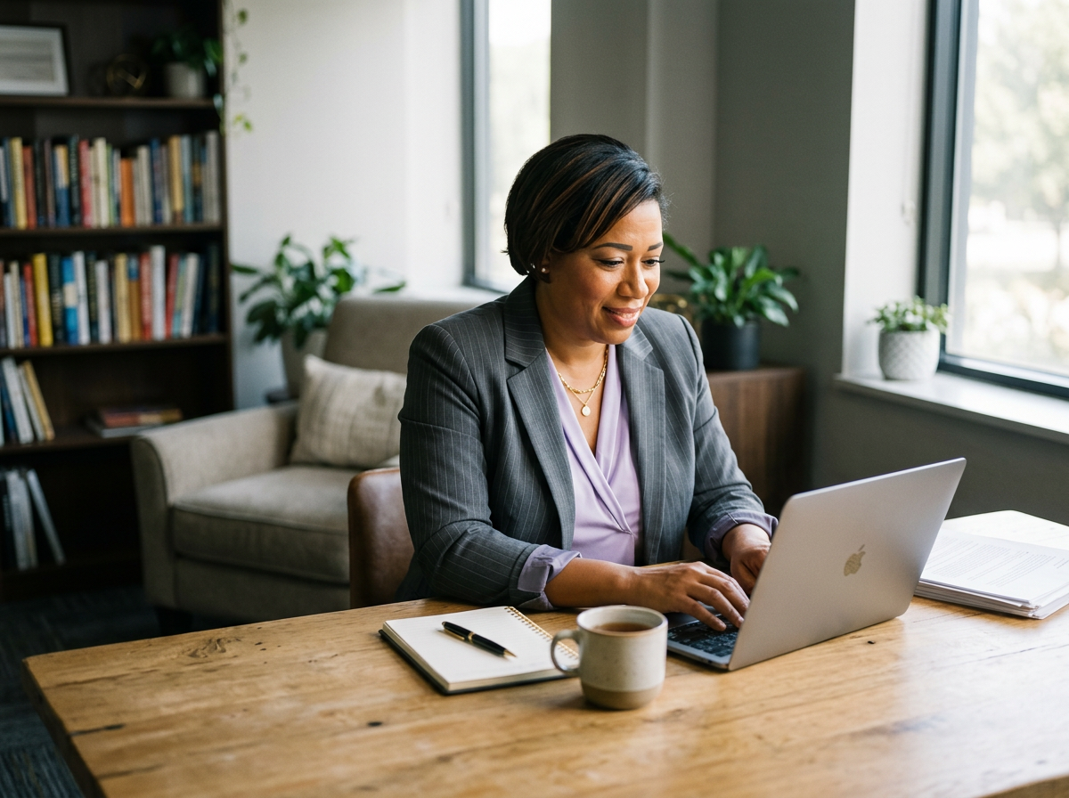 A woman in a gray pinstripe blazer working on a silver laptop at a wooden desk, with a notebook, pen, and a cup of coffee, in a modern office with bookshelf and plants in the background.