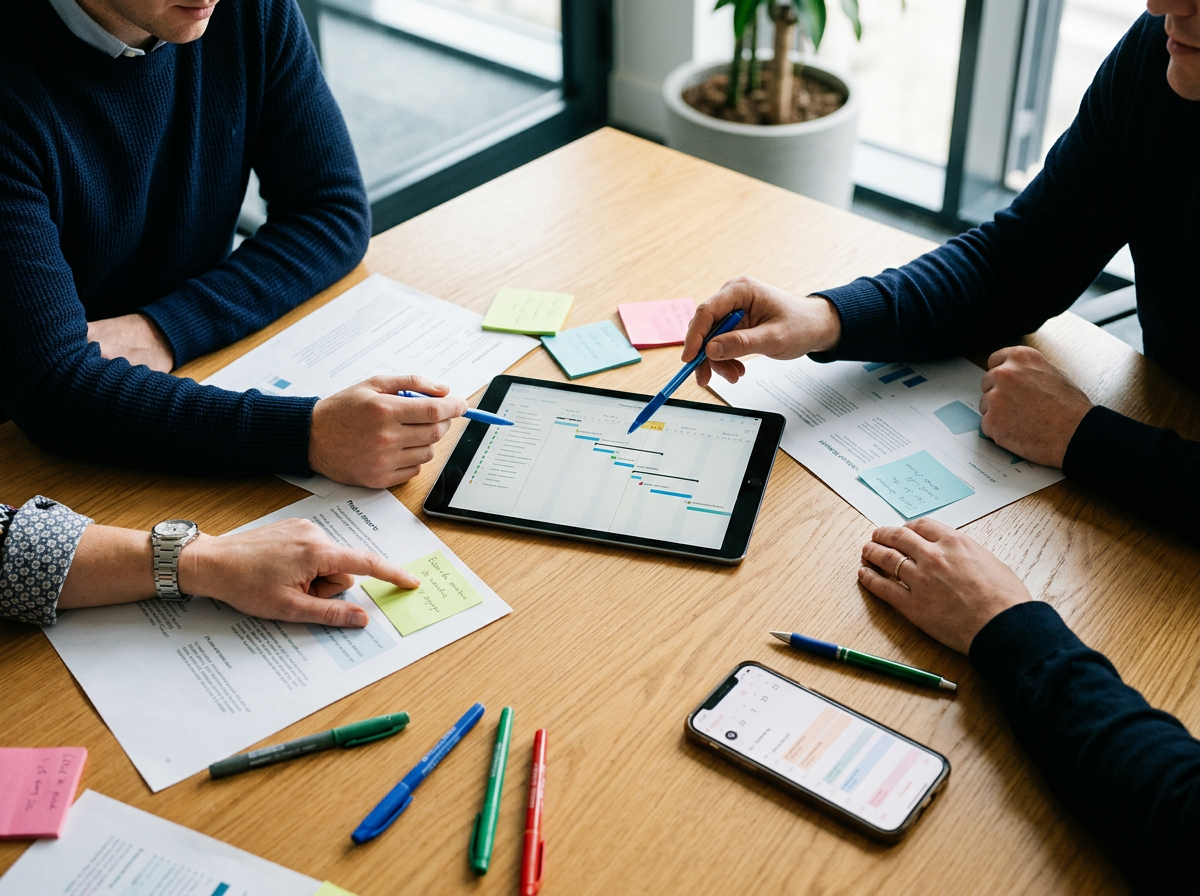 Three people collaborating at a wooden table with documents, pens, sticky notes, an iPad displaying a project timeline, and a smartphone, inside a modern office with large windows.