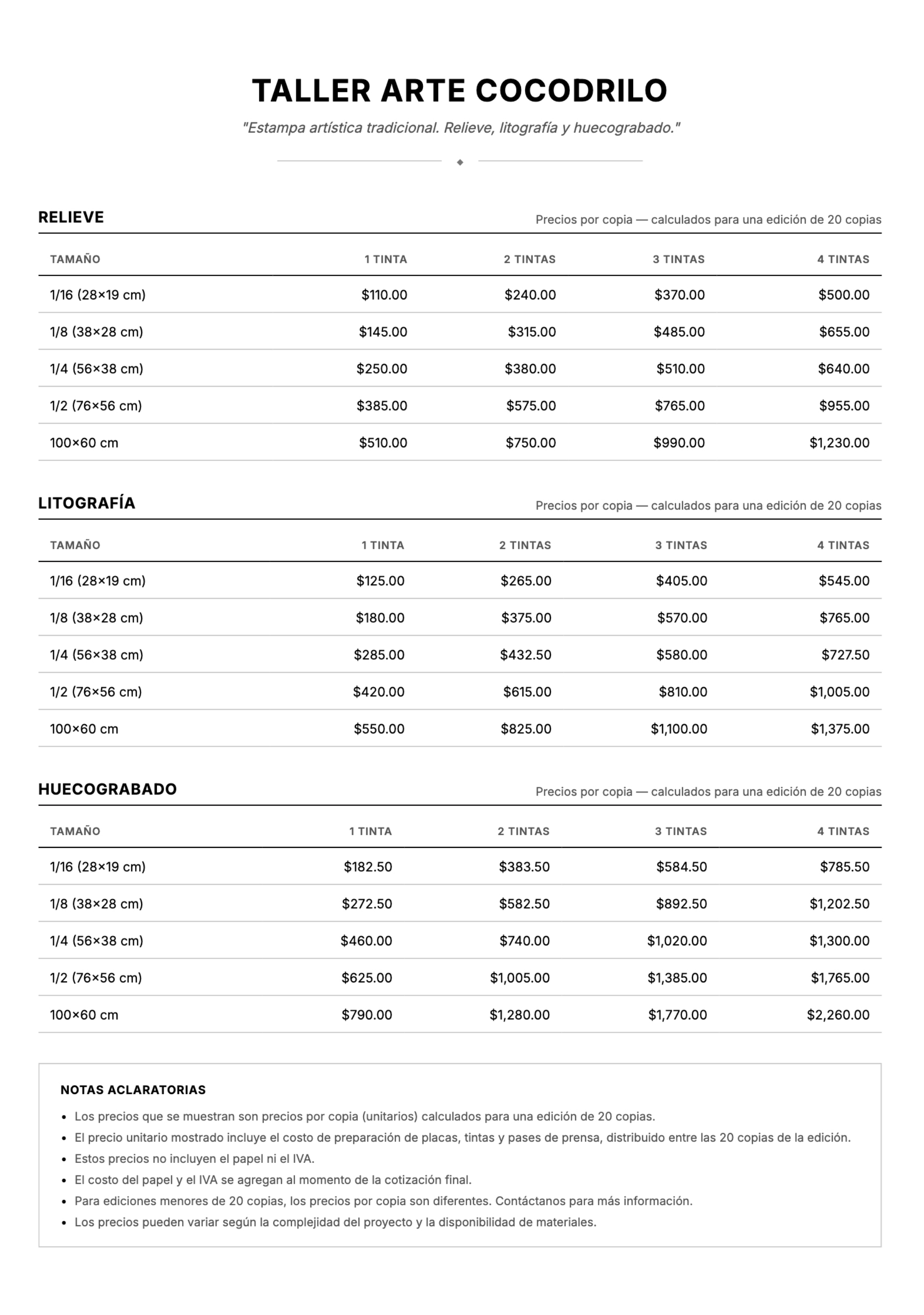 Tabla con precios para diferentes técnicas de impresión en arte y huecograbado, incluyendo tamaños, cantidad de tintas y costos por copia, además de notas aclaratorias.