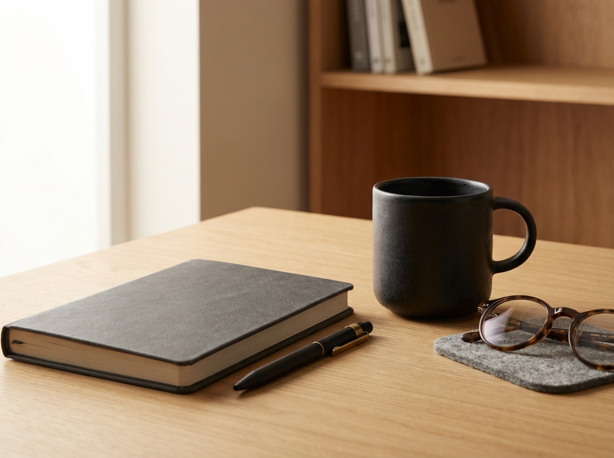 Desk with closed gray notebook, black pen, black coffee mug, and eyeglasses on a gray felt coaster, with a wooden bookshelf in the background.