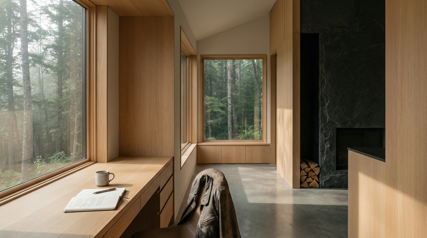 Interior of a modern room with large windows showing a forest view, wooden walls, a desk with an open notebook, a cup, and a jacket draped over a chair.