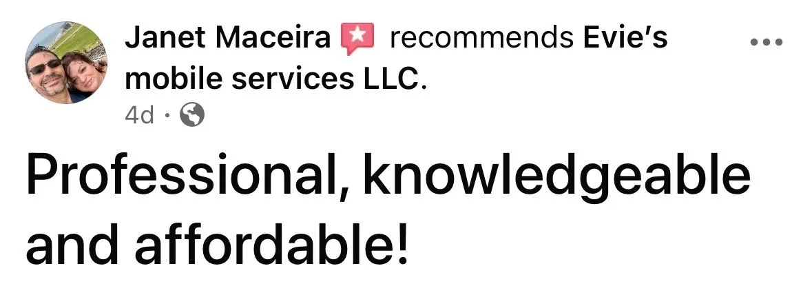 Facebook post recommending Evie's mobile services LLC, posted by Janet Maceira.