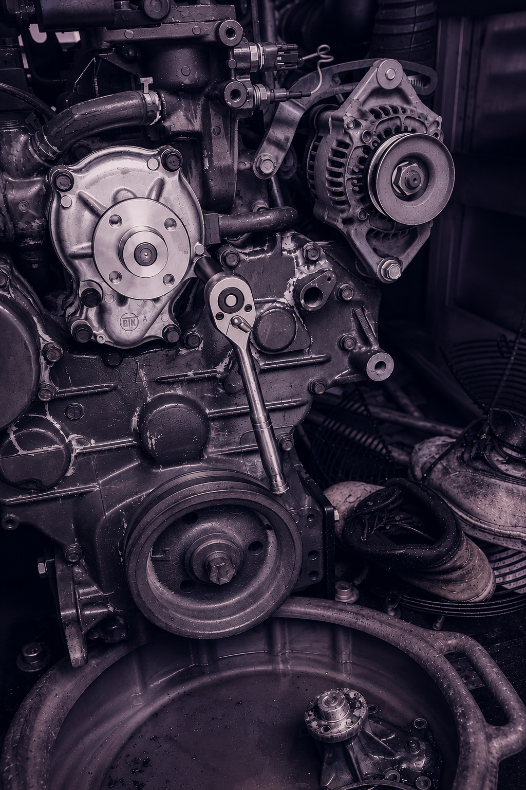 Close-up of a disassembled car engine with various metal components and pulleys, some with water droplets on them.
