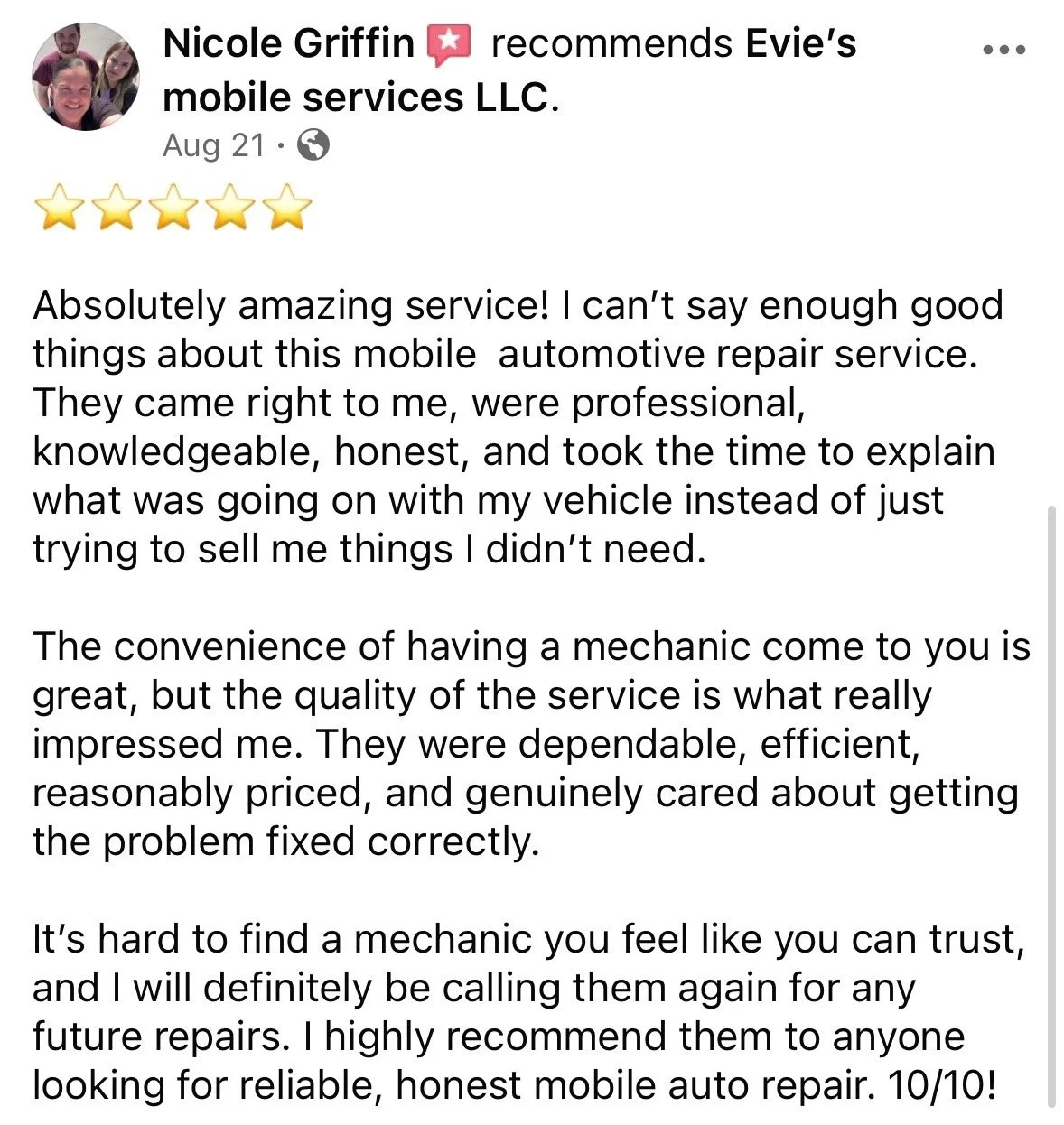 Screenshot of a Facebook review recommending a mobile auto repair service, with a profile photo of Nicole Griffin and five gold stars.