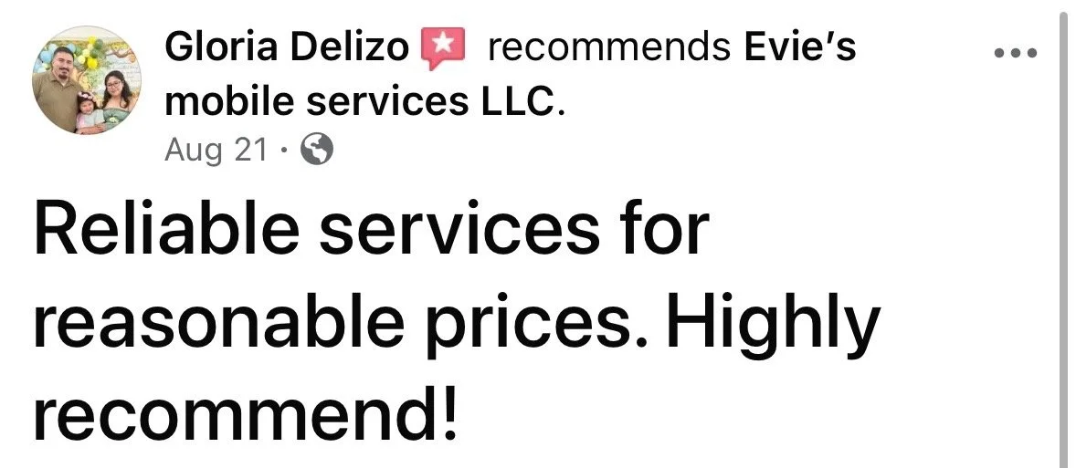 Text review recommending Evie's mobile services LLC for reliable and affordable service with a positive endorsement.