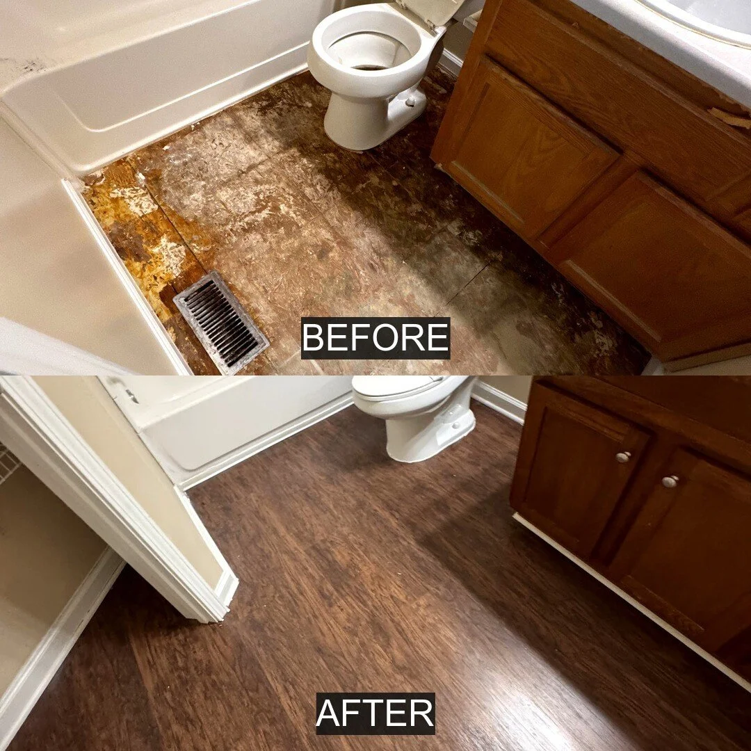 Before and after bathroom flooring transformation with wood vanity
