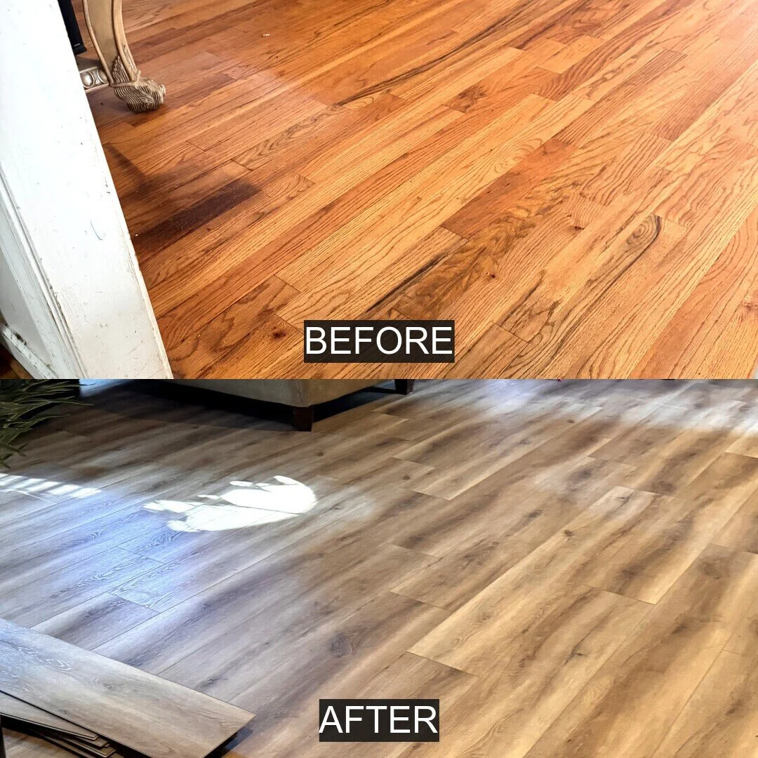 Before and after living room flooring transformation in an Atlanta-area home