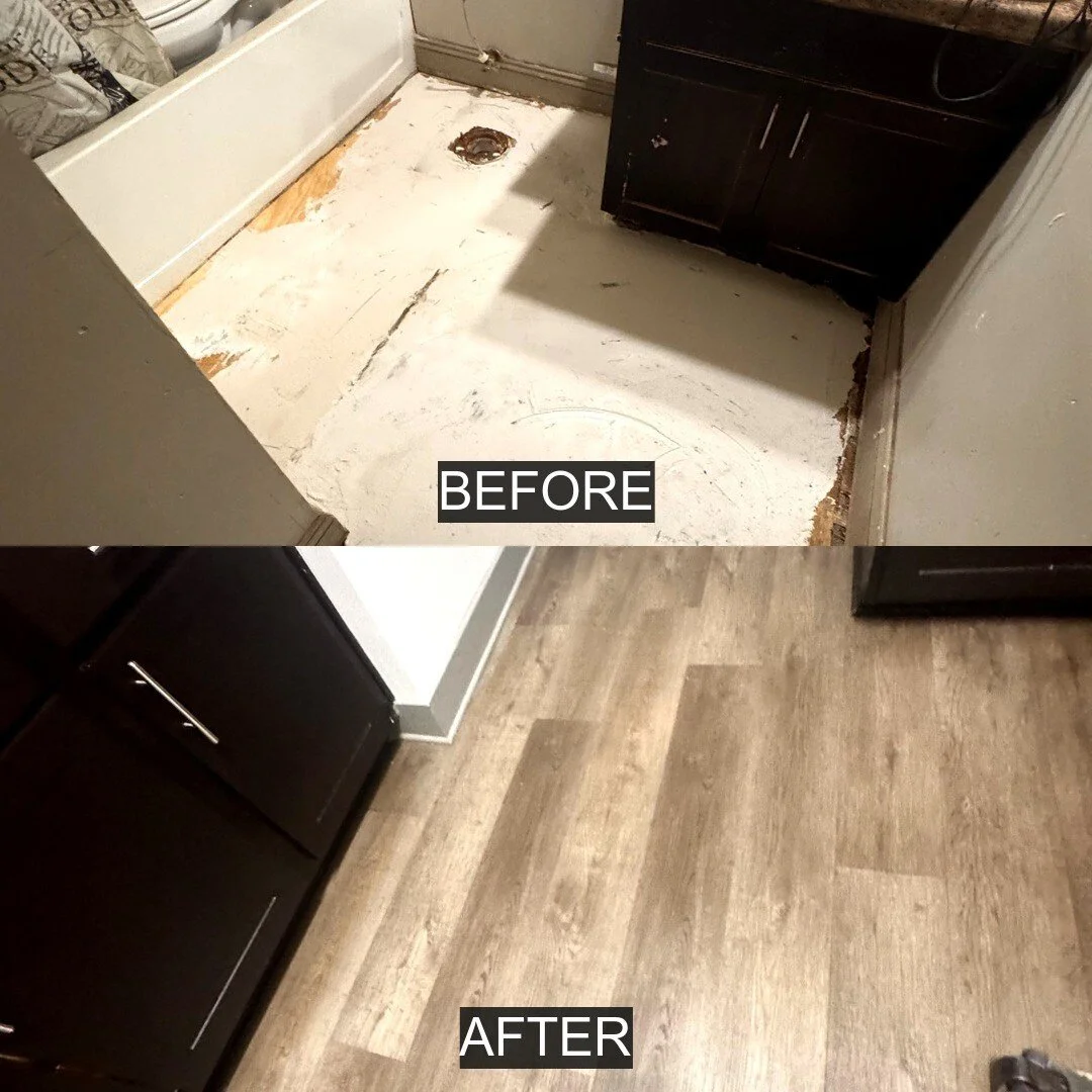 Before and after bathroom flooring transformation with dark vanity