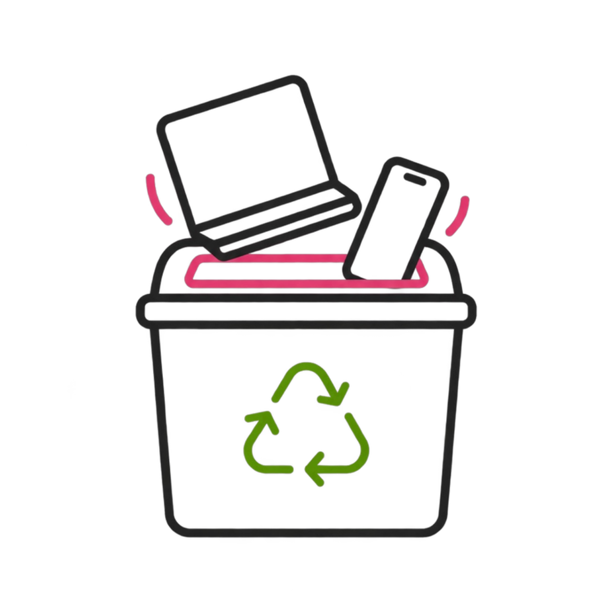 Neon sign of a trash can with a recycling symbol, a laptop, and a smartphone, indicating electronic waste recycling.