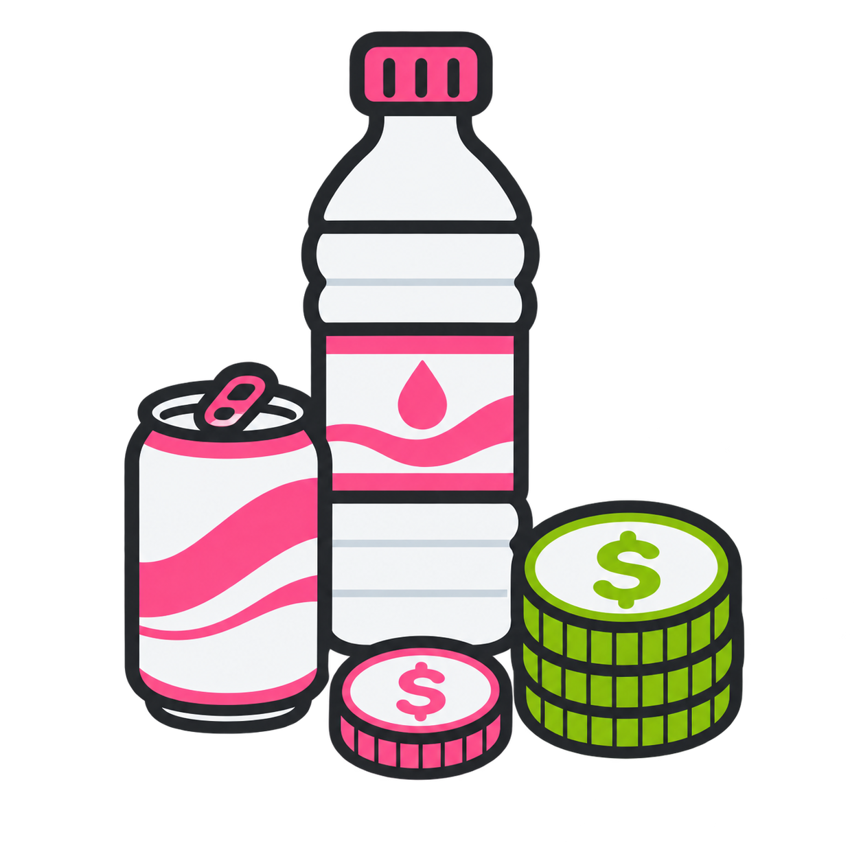Illustration of a soda can, a water bottle, and stacks of dollar coins.