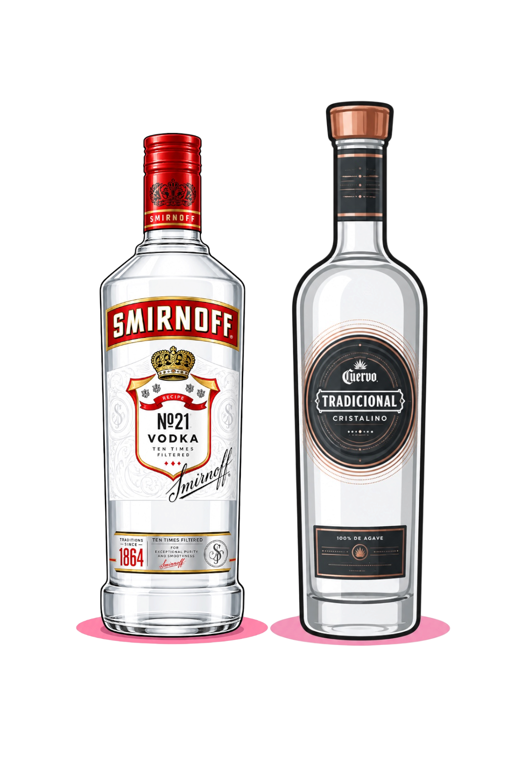 Two bottles of alcohol: a Smirnoff vodka bottle on the left and a Cuervo tequila bottle on the right, set against a black background with pink shadows.