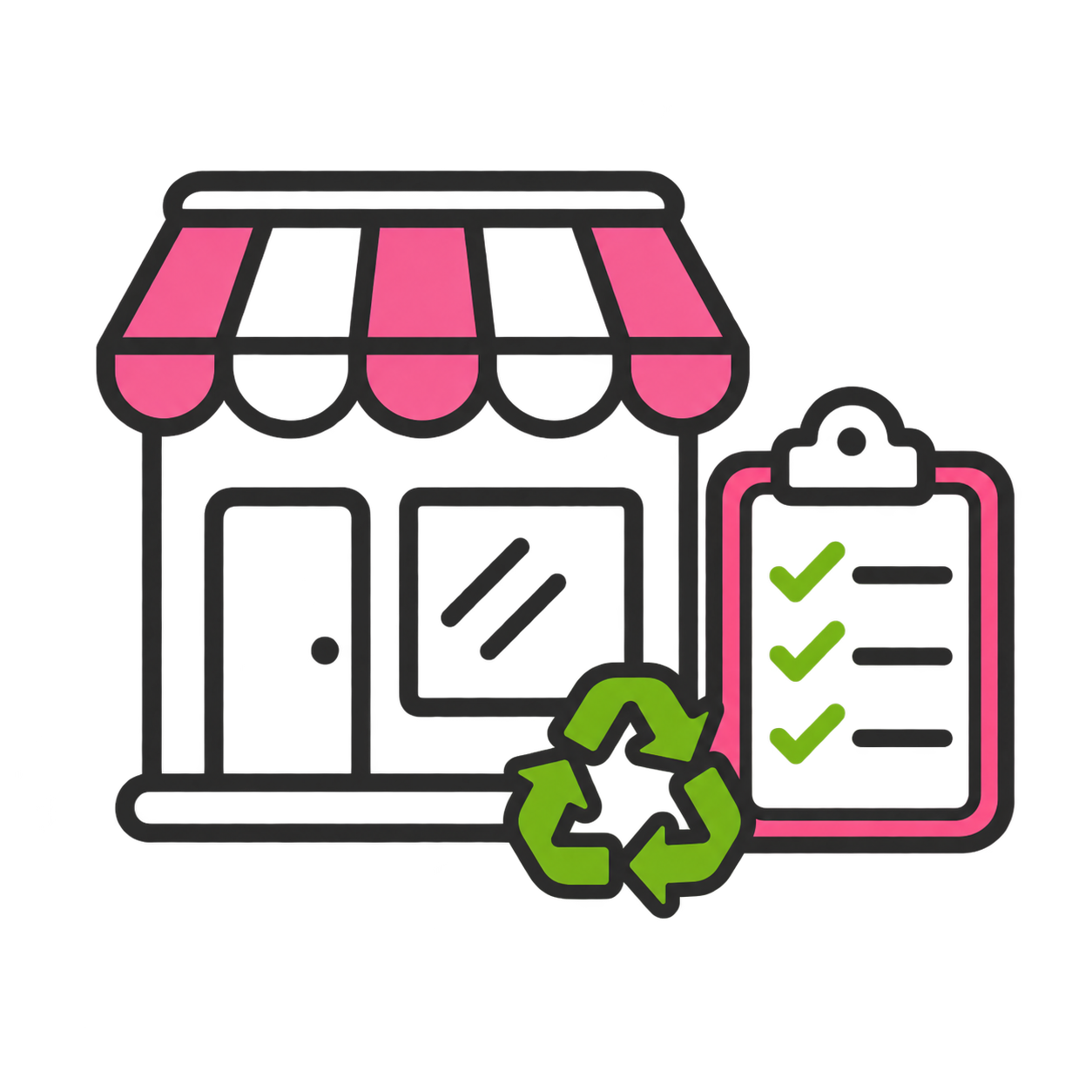 A neon icon of a storefront with a pink awning, a recycling symbol, and a clipboard with check marks indicating sustainability and eco-friendly business practices.