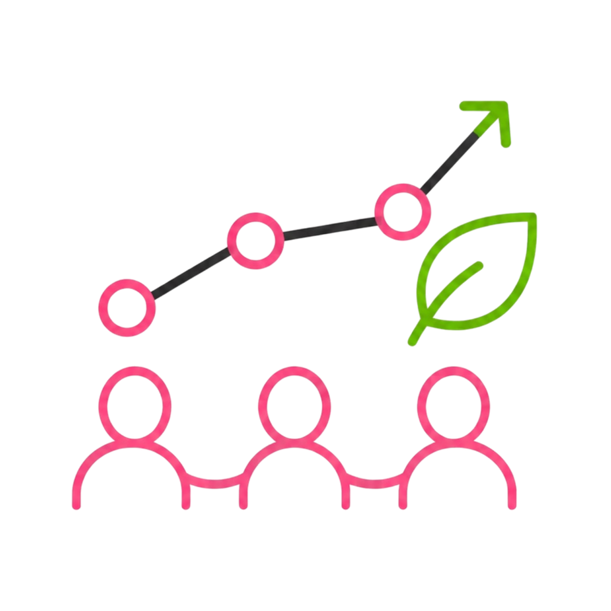 Graph showing an upward trend with a green leaf, indicating environmental growth or sustainability, and three icons representing people below.