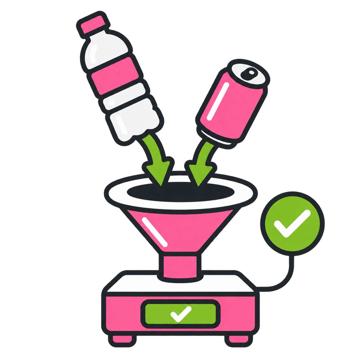 Stylized illustration of a pink and white blender with a water bottle and soda can being ground into it, with green checkmarks indicating successful blending.