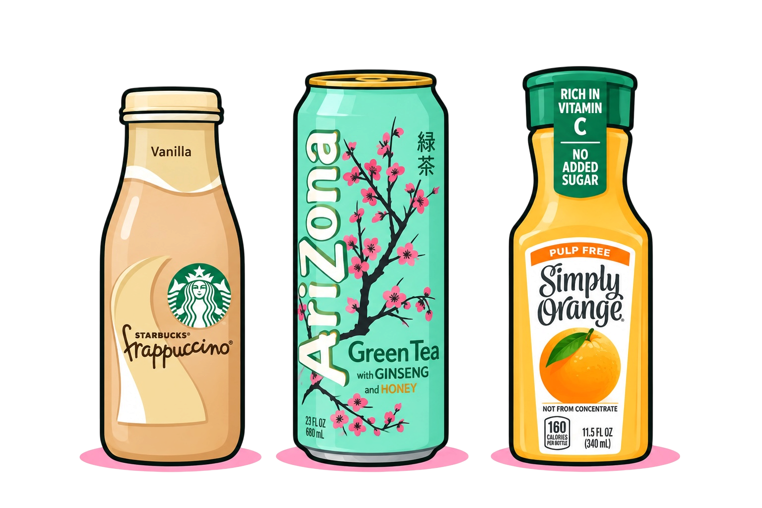Three beverage bottles: a Starbucks Frappuccino vanilla flavored coffee drink, a can of Arizona Green Tea with Ginseng and Honey, and a Simply Orange pulp-free orange juice bottle with labels indicating vitamins and no added sugar.