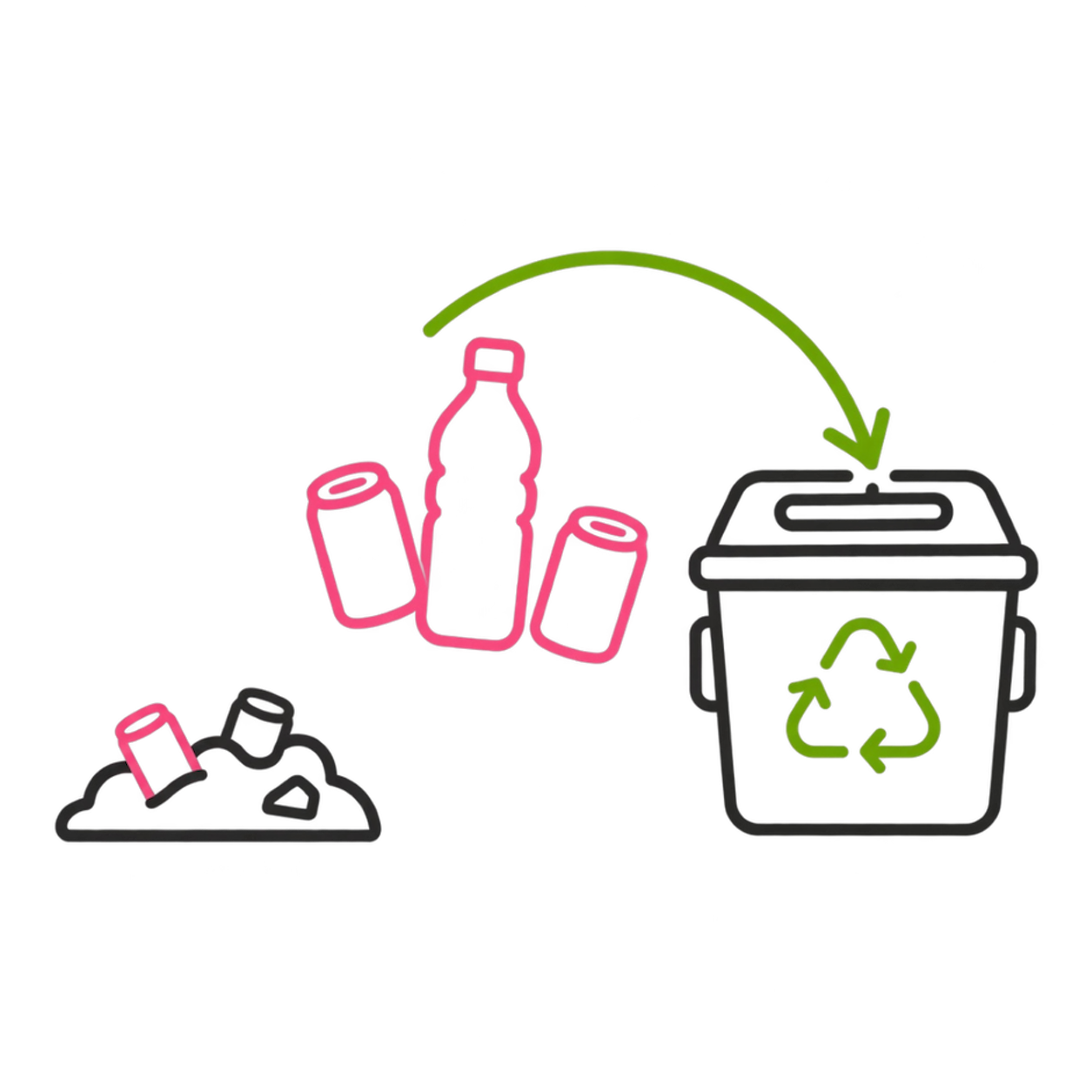 Neon sign illustrating recycling of bottle and cans into a trash bin, with arrows indicating the process of recycling.